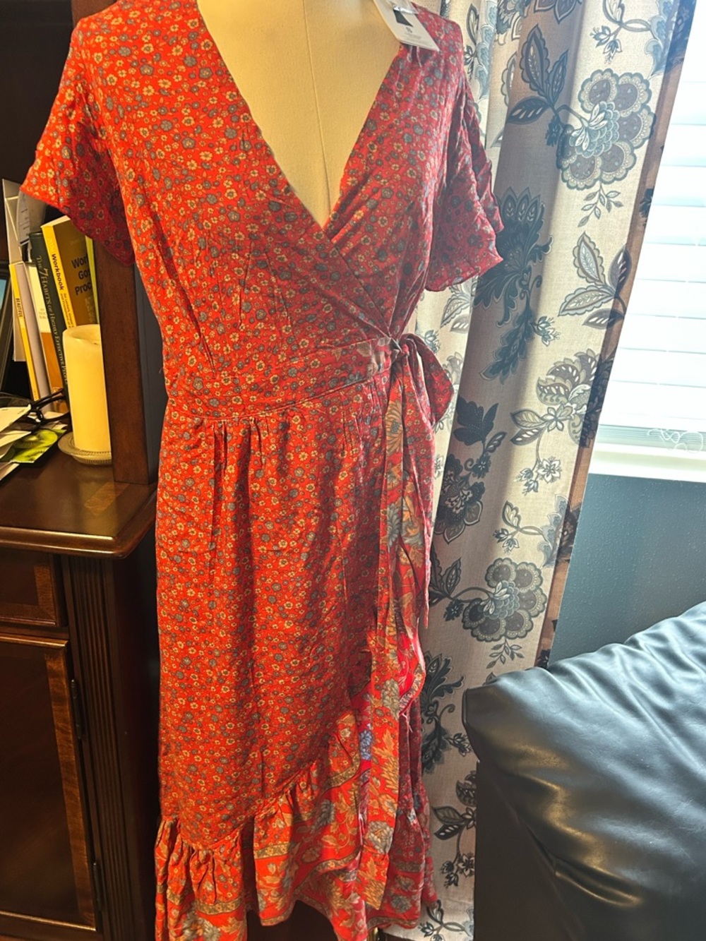 Jessica Red Floral Wrap Midi Dress with Ruffle Hem